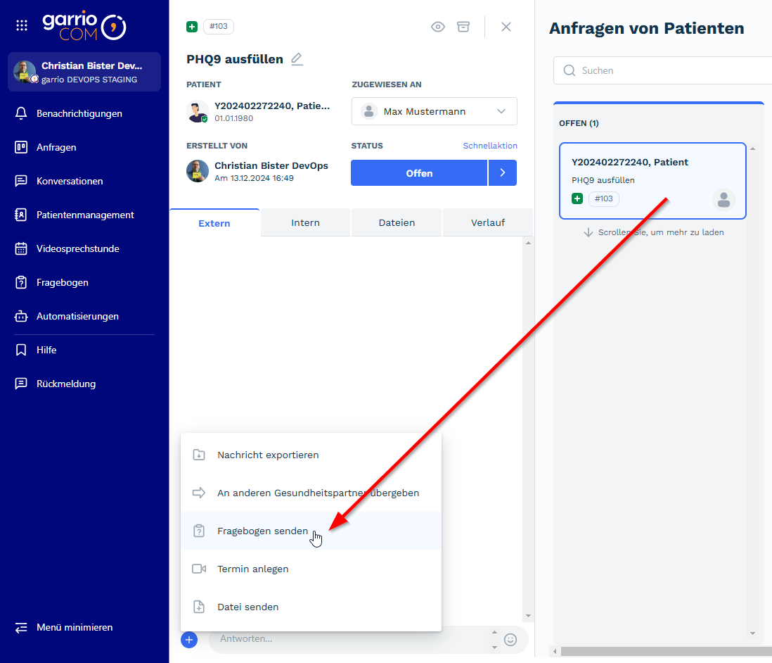 garrioCOM Fragebogen Patienten zuweisen 1